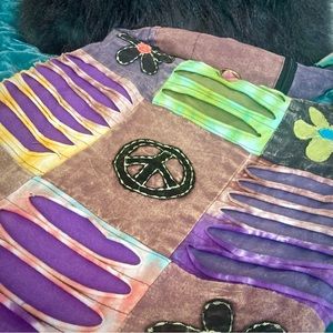 Cotton Nepalese purple patchwork peace sign boho flower slouch crossbody bag NEW